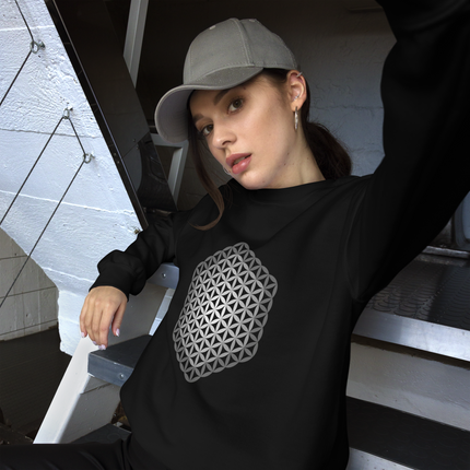 Sacred geometry Flower of Life pattern printed on a spiritual pullover sweatshirt.