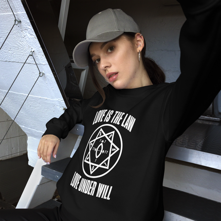 Love Is The Law Thelema Star of Babalon graphic pullover sweatshirt design.