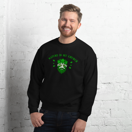 Green Man nature spirit design sweatshirt featuring pagan earth motifs.