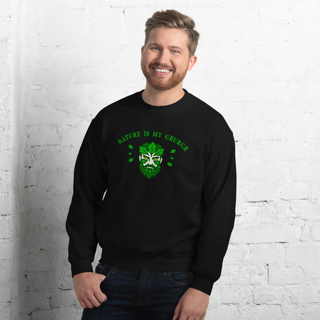 Green Man nature spirit design sweatshirt featuring pagan earth motifs.