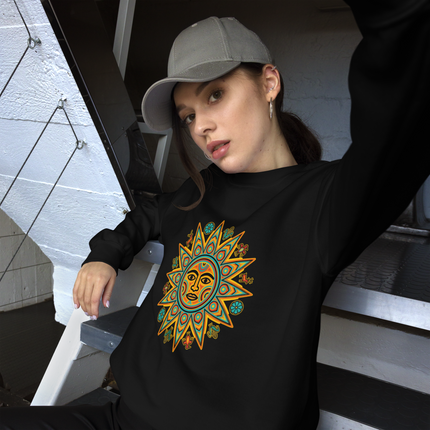 Vibrant sweatshirt featuring the authentic Huichol sun symbol graphic print. Indigenous pullover design.