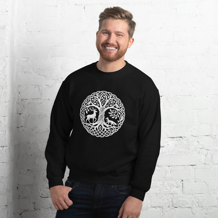 Nature-themed sweatshirt with Celtic knotwork, depicting the Tree of Life, deer, and fox pattern.
