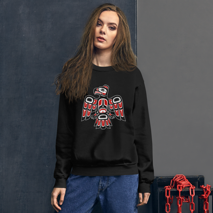 Indigenous raven formline art sweatshirt featuring Pacific Northwest cultural designs.
