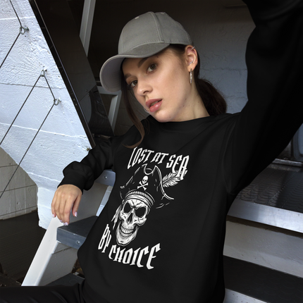 Pirate skull graphic on a nautical themed pullover sweatshirt.