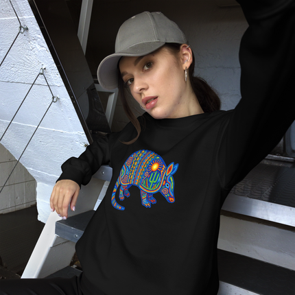 Vibrant patterned pullover featuring a detailed Huichol armadillo design with Mexican folk art dots.