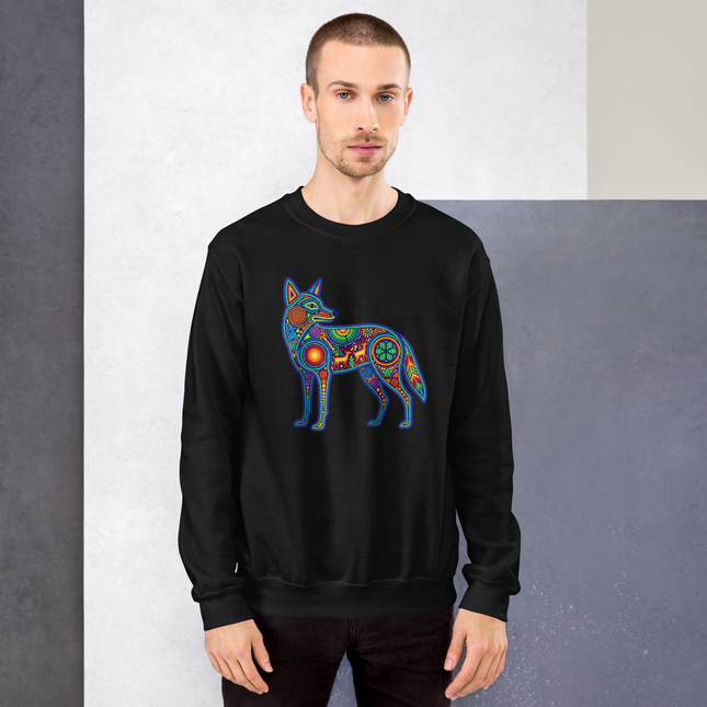 Vibrant Huichol coyote symbol design on a comfortable Mexican folk art sweatshirt.