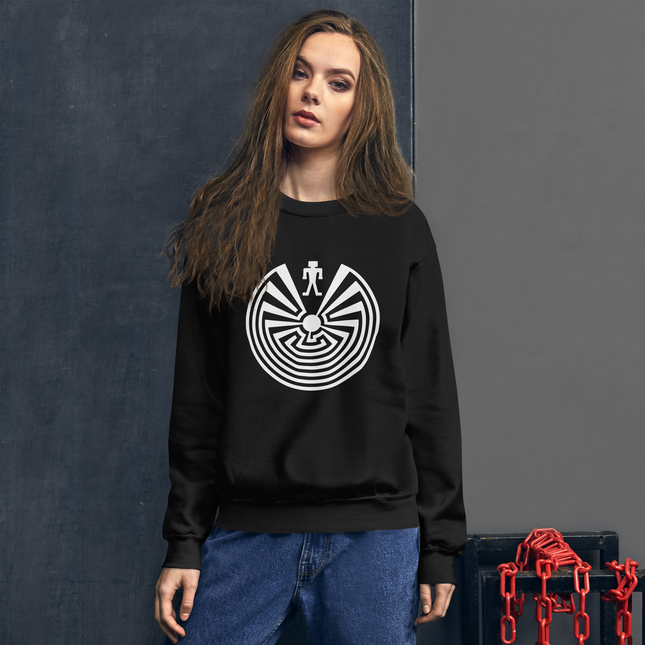 Man in the Maze labyrinth graphic printed on an I'itoi Native American unisex pullover sweatshirt.