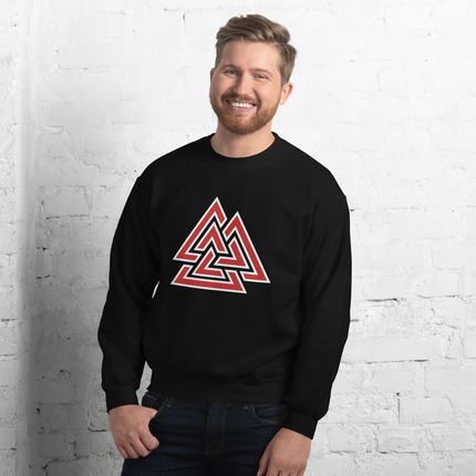 Red Valknut symbol unisex sweatshirt featuring a bold Norse Viking design print.
