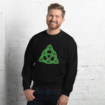 Green pullover sweatshirt with a detailed Celtic Triquetra knot graphic print.