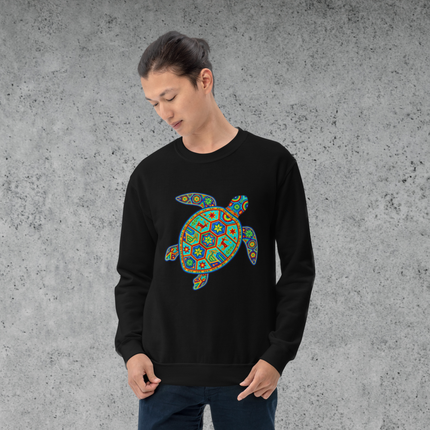 Huichol turtle art sweatshirt featuring colorful geometric Mexican folk art pullover design.