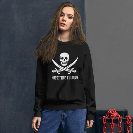 Pirate skull and crossed sabers design on a black crewneck sweatshirt with jolly roger theme.