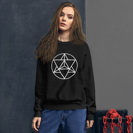 Merkaba sacred geometry symbol graphic on a unisex pullover sweatshirt.