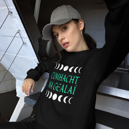 Moon phase graphic sweatshirt featuring Irish Cumhacht Na Gealaí design.