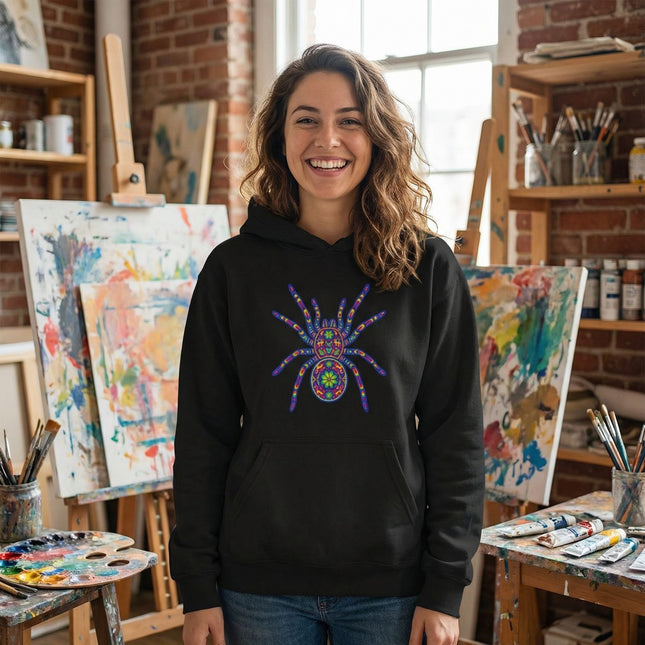 Huichol Tarantula Hoodie | Vibrant Mexican Folk Art Spider Pullover Hoodie