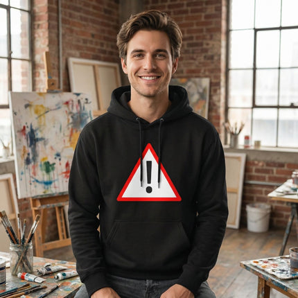 Black pullover hoodie featuring a bold red exclamation mark warning sign graphic.