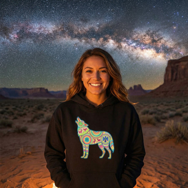 Vibrant Huichol Wolf Graphic Hoodie | Mexican Folk Art Pattern Pullover Hoodie