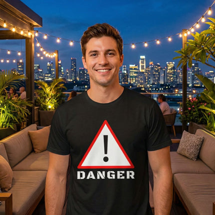 Black t-shirt featuring a red danger warning sign graphic with an exclamation point.