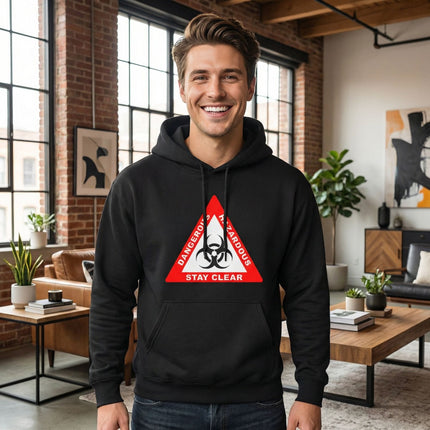 Black hoodie featuring a red biohazard warning sign graphic: Dangerous, Biohazard, Stay Clear.