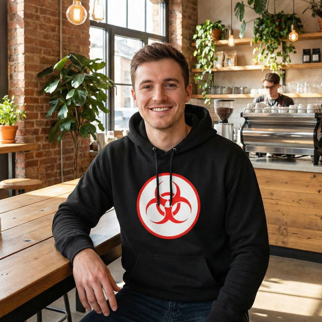 Black hoodie featuring a striking red biohazard symbol graphic print.