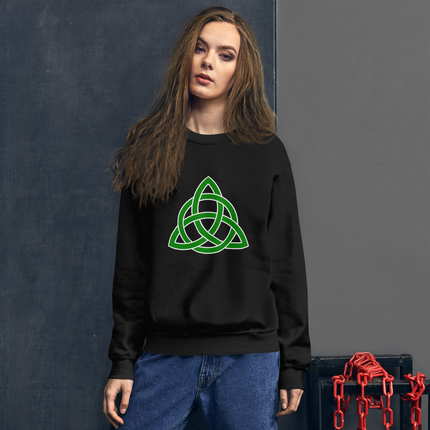 Green sweatshirt featuring a Celtic Triquetra Knot graphic print for an Irish look.