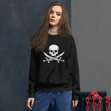 Jolly Roger pirate skull graphic featuring crossed sabers on a classic sweatshirt.
