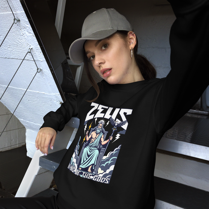 Zeus King of the Gods lightning motif pullover sweatshirt featuring Greek mythology design.