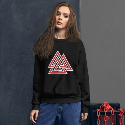 Unisex red sweatshirt featuring the Nordic Valknut symbol and Viking Norse designs.
