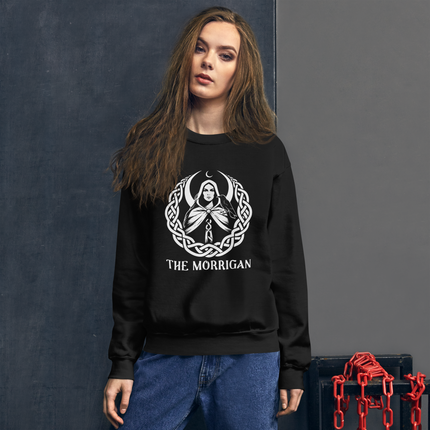 Morrigan Celtic goddess raven and moon motif sweatshirt featuring Irish mythology art.
