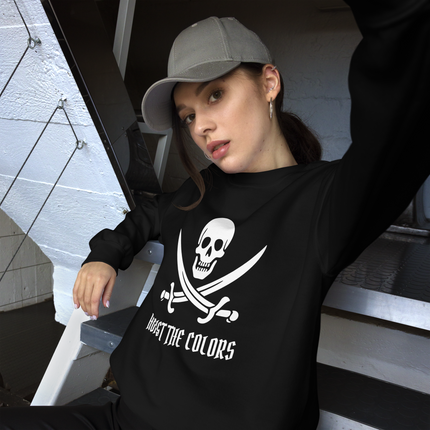 Pirate skull and crossbones graphic on a unisex pullover sweatshirt.