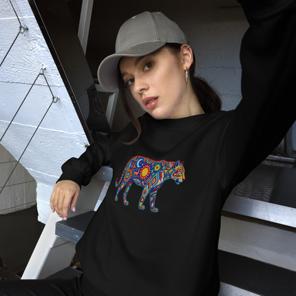 Colorful Huichol jaguar art pullover sweatshirt featuring tribal indigenous animal design.