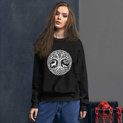 Celtic Tree of Life knotwork sweatshirt featuring forest deer, fox motifs, and intricate nature designs.
