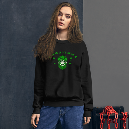 Green Man nature spirit graphic on a cozy earth-toned pullover sweatshirt for pagan enthusiasts.