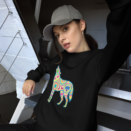 Colorful Huichol folk art wolf howling pullover sweatshirt design.