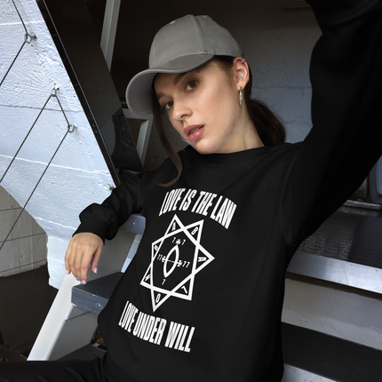 Love Is The Law Thelema sweatshirt featuring Babalon star and heptagram occult symbols.