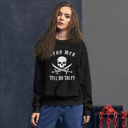 Pirate skull and swords graphic print sweatshirt with "Dead Men Tell No Tales" text.