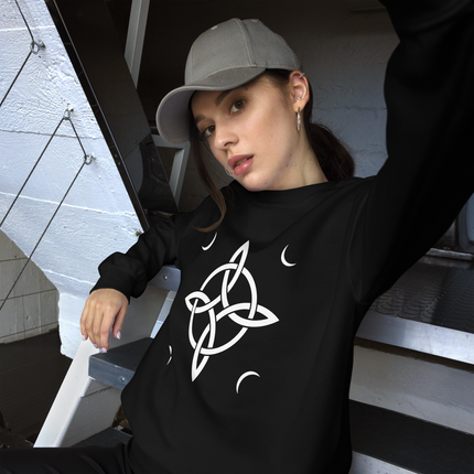 Moon Goddess and Witch's Knot graphic print on a pagan witchcraft unisex pullover sweatshirt.