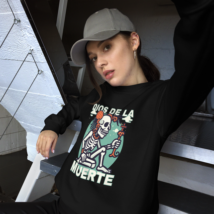 Dios de la Muerte skeleton graphic sweatshirt featuring a Mayan god of death pullover design.
