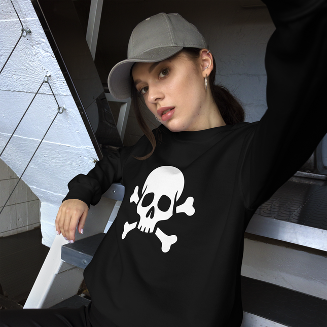 Gothic skull and crossbones graphic on black unisex pirate pullover sweatshirt.
