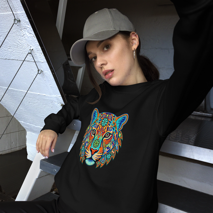 Huichol jaguar artwork on colorful Mexican style pullover sweatshirt design.