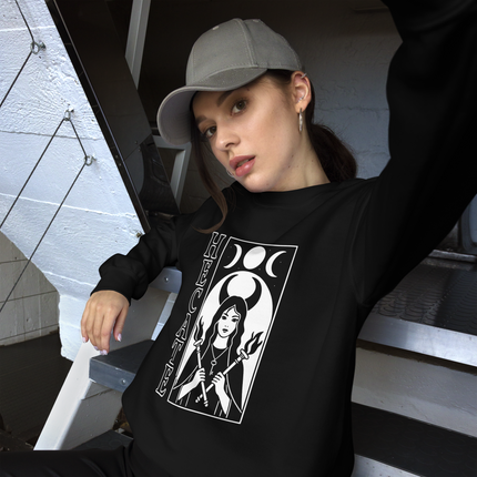 Hecate Goddess sweatshirt featuring triple moon phases, witch torches, keys, and magical symbols design.