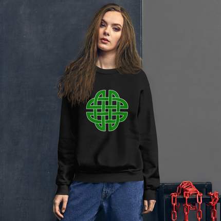 Green unisex sweatshirt featuring a Celtic knotwork shield graphic print.