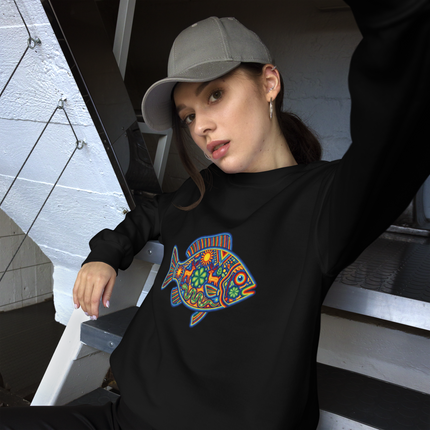 Colorful Huichol fish design on a comfortable Mexican folk art pullover sweatshirt.