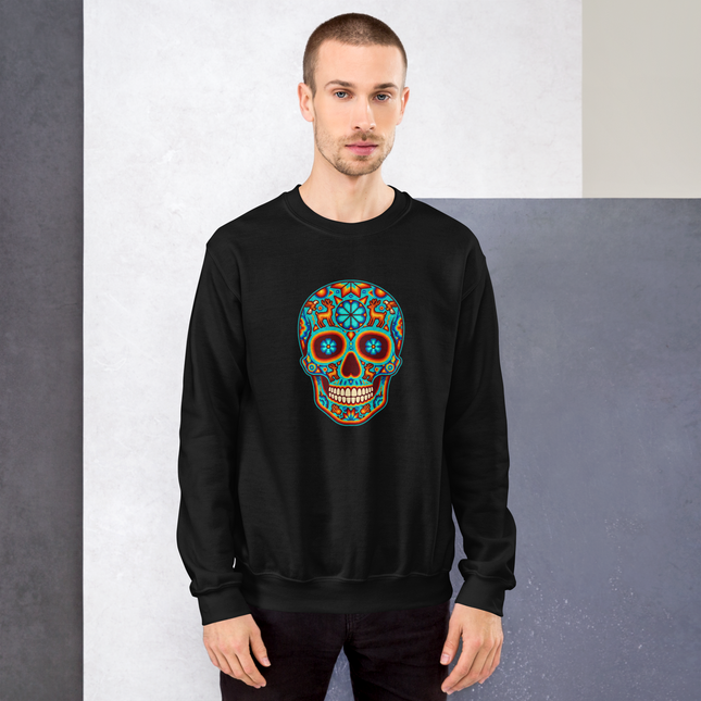 Colorful Huichol skull sweatshirt featuring vibrant Mexican folk art designs on a unisex pullover.