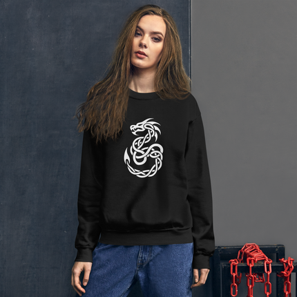 Celtic dragon knotwork graphic print on a unisex pullover sweatshirt.