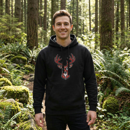 Red Tribal Deer Head Hoodie | Indigenous Art Stag Antlers Pullover Hoodie