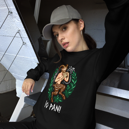 Pan Greek god sweatshirt graphic featuring mythological art and Pan playing his flute.