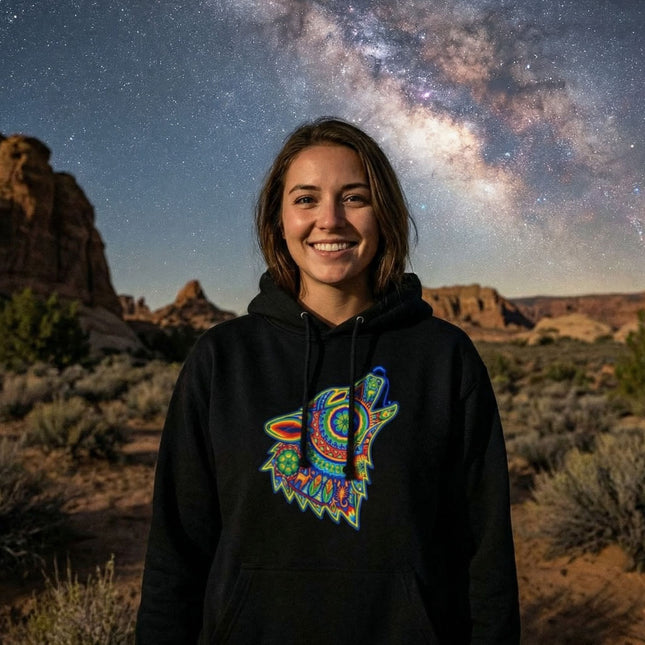 Huichol Wolf Howling Hoodie | Colorful Tribal Art Mexican Folk Pullover Hoodie