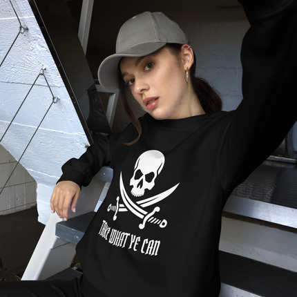 Jolly Roger pirate skull and swords graphic on a sweatshirt with "Take What Ye Can" text.