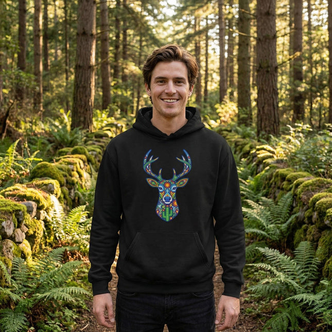 Vibrant Huichol Deer Hoodie | Mexican Indigenous Folk Art Pullover Hoodie