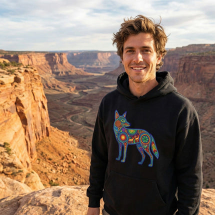 Huichol Coyote Hoodie | Colorful Indigenous Mexican Folk Art Pullover Hoodie